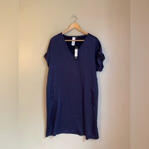 Peace of cloth satin v neck navy shirt dress